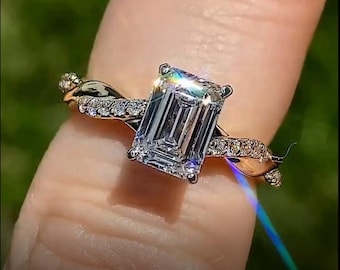 Emerald Moissanite Twisted Engagement Ring, Diamond Wedding Colorless Moissanite Rings