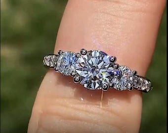 Petite Three-Stone Trellis Moissanite Engagement Ring Colorless Mossanite Ring