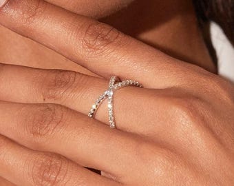 14K Gold Diamond X Ring for Women | Criss Cross Pavé Crossover Band | Dainty Gold Stacking Ring | Modern LuxElegant Sparkle Everyday Jewelry
