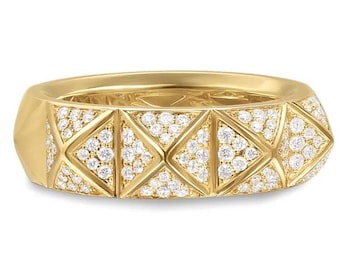 Anillo de oro con banda piramidal y diamantes naturales / Anillo geométrico de diamantes / Anillo llamativo de oro / Anillo texturizado apilable para mujer