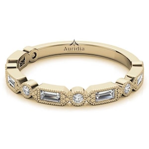 Baguette and Round Stackable gold ring with Milgrain, bezel set Lab Grown Diamond rings