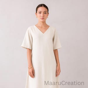 V-Neck Linen Maxi Dress for Women, Flowy Short Sleeve A-Line Kaftan, Loose Fit Summer Dress,Minimalist Style,Plus Size Available,Linen Dress