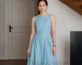 Abito midi senza maniche in lino, abito in lino fatto a mano, abbigliamento minimalista in lino, abito estivo a trapezio con tasche, elegante completo da donna