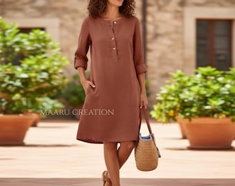 Linen Tunic Dress for Women, 3/4 Sleeve Half Button Placket, Loose Fit Shirt Dress with Pockets