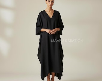 Linen Kaftan Maxi Dress for Women V Neck Abaya Style Linen Dress Oversized Modest Linen Dress Plus Size Summer Outfit Loose Fit Travel Wear