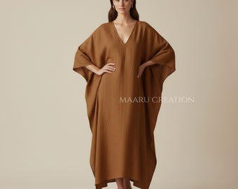Linen Maxi Kaftan Dress, Elegant V-neck Full Length Abaya Dress, Handmade Summer Beach Outfit