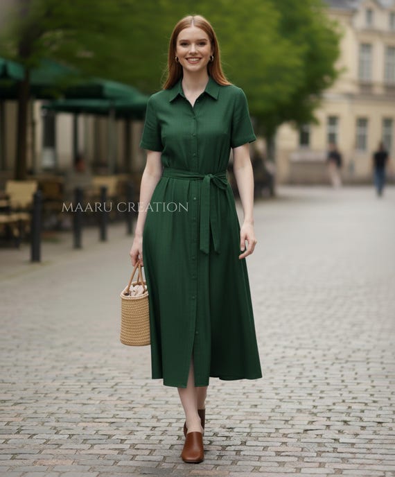 Forest Green Button Front Linen Dress, Belted Linen Shirt Dress, Boho Summer Dress
