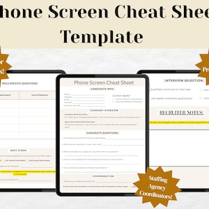 May include: Three digital tablets displaying a "Phone Screen Cheat Sheet Template" for recruiters and staffing professionals. The tablets show sections for candidate info, company overview, interview selection, and recruiter notes. Text includes "Perfect for Recruiters!", "HR Professionals", and "Staffing Agency Coordinators!"