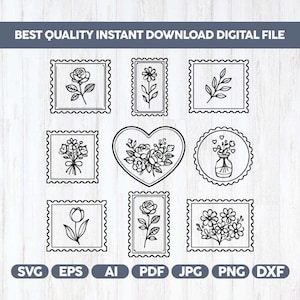 May include: Black and white digital file featuring floral designs, including roses, tulips, and bouquets, within decorative frames. The text "BEST QUALITY INSTANT DOWNLOAD DIGITAL FILE" is at the top, with file type icons at the bottom.