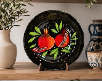 Keramikteller mit Granatapfelmotiv, 32 cm (12,6 Zoll), dekorativer Wandteller, handbemalt, Fruchtmotiv, Küchendekoration, mediterrane Wohnkultur
