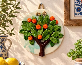 Handgefertigte Keramik-Wanddekoration in Orangenbaumform, Zitrus-Wandteller aus Keramik, Orangen-Wandkunst, mediterrane Wohndekoration, Einzugsgeschenk