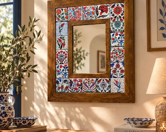 Türkischer Keramikfliesenspiegel, farbenfroher Mosaik-Wandspiegel, handgefertigter Holzrahmen, türkische Wohndekoration, mediterrane Boho-Wandkunst
