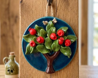 Handgefertigte Keramik-Baum-Wanddekoration, Granatapfel-Keramik-Wandteller, türkische Keramik-Wandkunst, Einzugsgeschenk, Boho-Wohndekoration