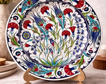 Handgefertigter Keramikteller, Blumenmuster, Dekorativer Wandteller/Servierteller (30 cm)