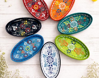 Handbemaltes ovales Keramikgeschirrset, bunte türkische Volkskunstteller, handgemachtes Keramikgeschenk, Sauce, Olive oder Vorspeisen, Geschenk
