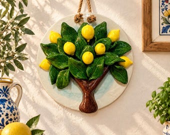 Handgefertigter Zitronenbaum aus Keramik, Wandteller mit Zitrone aus Keramik, Wandkunst für die Küche im Amalfi-Stil, mediterrane Wohndekoration