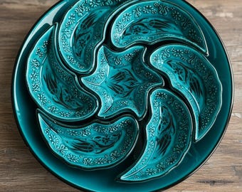 Juego de desayuno de cerámica hecho a mano (8 unidades), cuencos turquesas con bandeja, cerámica floral, juego de aperitivos pintado a mano, regalo de inauguración de la casa.