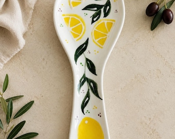 Handgemachte Keramik Lemon Löffel Ablage | Mediterran Küche Dekor | Keramik Utensilienhalter Zitrone Küche Geschenk | Rustikaler Löffelhalter