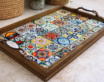 Handgemachte bunte Keramik Kachel Serviertablett, mediterrane Mosaik, Boho Dekor