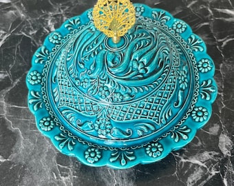 Handgemachte türkische Keramik Konfektteller: Türkis osmanische Zuckerdose mit Blumenmuster