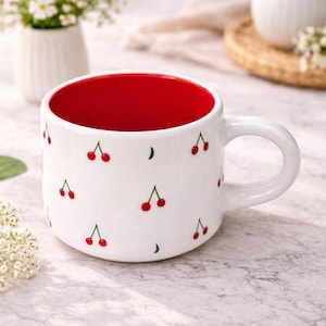 Handmade Cherry Ceramic Mug, Red Interior Coffee Cup