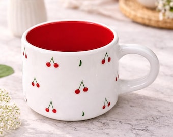 Handmade Cherry Ceramic Mug, Red Interior Coffee Cup