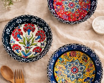 Juego de 3 cuencos de cerámica hechos a mano, cuencos con diseño de azulejos turcos, cuencos de postre y meze, cuenco bohemio mediterráneo hecho a mano, cuenco de cerámica