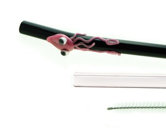 Pink squid on black straw set- Gift Set- Free Gift Box and Cleaning Brush