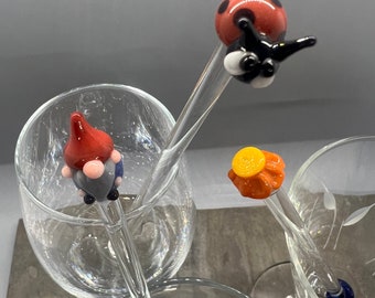 Garden Animals Glass Stir Sticks- Free Gift Box and Free Shipping- One of a Kind Swizzle Stick Gift Set- Gnome- Flower- Ladybug- Frog