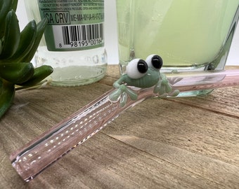 Sage Green Frog with Pink Spots on a Pink Bent Glass Drinking Straw- 10 inches long