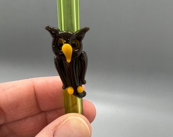 Brown Owl on a Glass Drinking Straw- 10 inch Straight Lime Green Reusable Straw- Free Cleaning Brush and Gift Wrap
