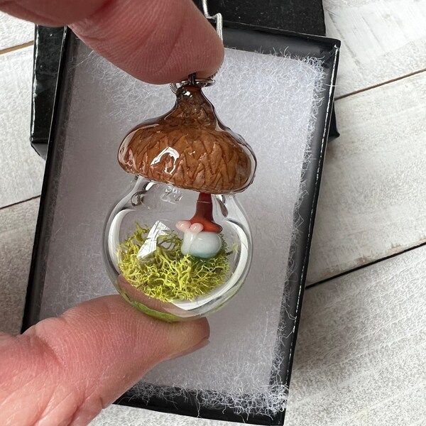 Miniature Acorn Terrarium Pendant Necklace with Gnome Garden Scene- Tiny Fairy Garden