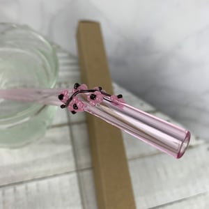 Cherry Blossom on Pink Glass Drinking Straw- Free Cleaning Brush- Free Gift Box- 9” long 9mm diameter- Bent Straw