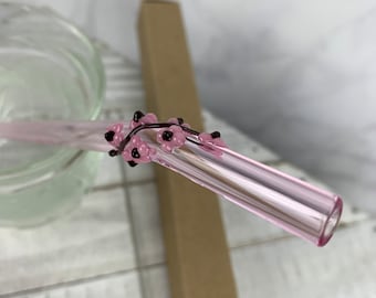 Cherry Blossom on Pink Glass Drinking Straw- Free Cleaning Brush- Free Gift Box- 9” long 9mm diameter- Bent Straw