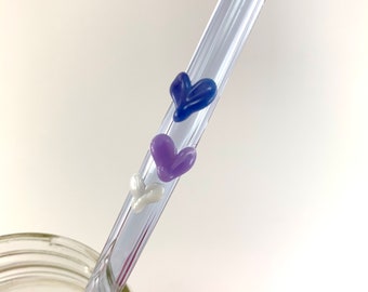 Purple Valentines Sweet Hearts on Bent Purple Glass Straws- FREE Cleaning Brush- Free Gift Wrap- 8 inches long 9mm diameter