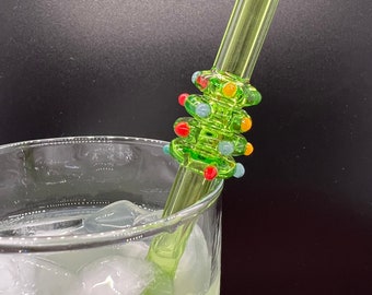 Bright Green Christmas Holiday Tree Straw- Multi Colored Lights- Reusable - Glass Drinking Straw- Free Cleaning Brush and Gift Wrap