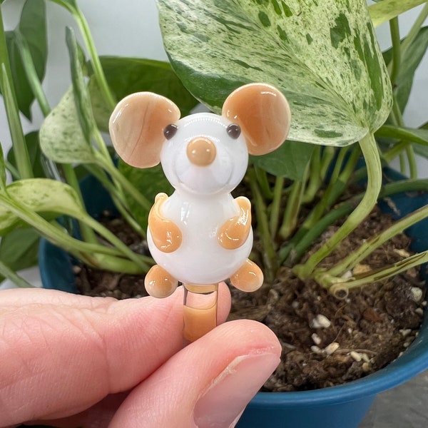 White Mouse Plant Stake- Houseplant Stick- Garden Stakes- House Plant Markers- Plant Decor- Glass Rat