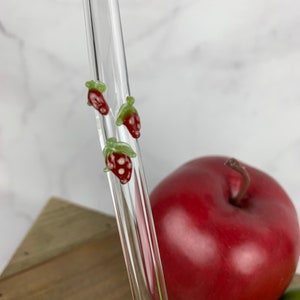 Strawberries on a Bent Glass Straw- Reusable- Eco Friendly- Free Cleaning Brush and Gift Box- Customize Length and Color