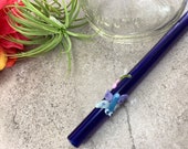 Butterfly and Bloom on a Straight Blue Glass Drinking Straw- Reusable- Customize Your Length- Free Cleaning Brush and Gift Wrap
