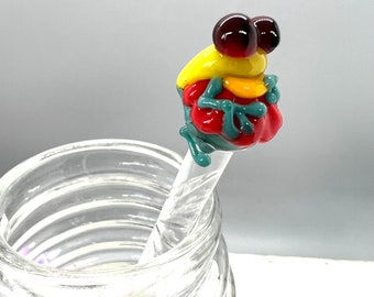 Tree Frog on a Flower Honey Dipper Stick- Gift Wrapped- Handmade Glass Dabber- Swizzle- Twisted- Spoon- Scoop