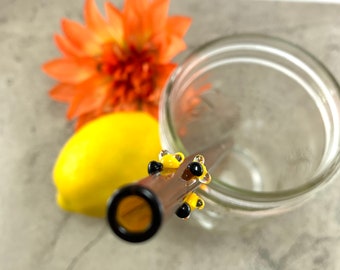 Trio of Tiny Bees on a Straight Amber Glass Drinking Straw- Reusable- Customize Your Length- Free Cleaning Brush and Gift Wrap