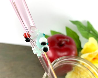 Mint Green Frog with a Ladybug on a Pink Glass Drinking Straw- 9 inches long, 9mm Straight Glass Straw- Free cleaning brush and gift wrap
