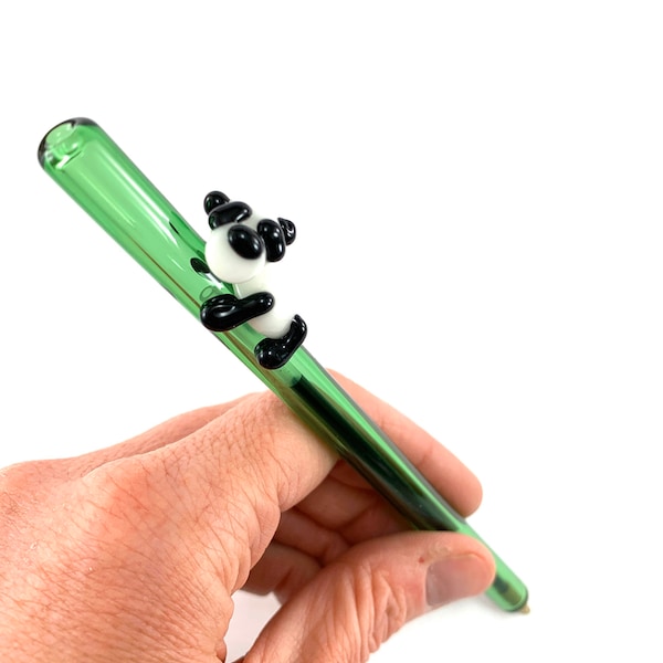 Panda Bear sur un stylo d'écriture en verre vert - Coffret cadeau gratuit - Stylo à encre bleue