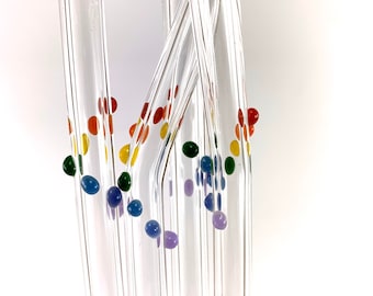 Rainbow Spiral Dots Straw Gift Set-  Set of 2 Straws- Clear Glass Drinking Straws with Free Cleaning Brush and Gift Wrap