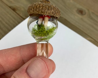 Tiny Gnome and Mushroom Acorn Glass Terrarium Pen- Free gift box