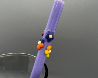 Pansy Flowers on Opaque Purple Glass Drinking Straw- Free Cleaning Brush- Free Gift Box- 9” long 9mm diameter- Straight Straw