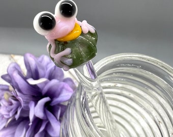 Frog on a Flower Honey Dipper Stick- Gift Wrapped- Handmade Glass Dabber- Swizzle- Twisted- Spoon- Scoop