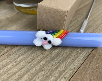 Rainbow and Cloud a Sky Blue Glass Drinking Straw- FREE Cleaning Brush and Gift Box- Glass Drinking Straw- Smoothie Diameter- 9 inches long