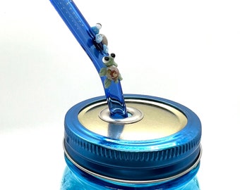 Sea Turtle Glass Drinking Straw with Blue Mason Jar To Go Cup with Two Piece Lid- 15oz- Free Cleaning Brush