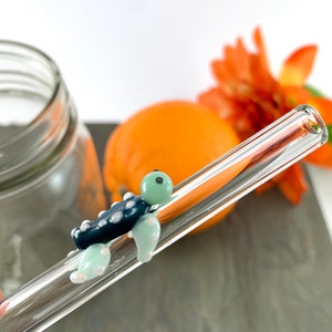 Teal Sea Turtle On A Clear Straight 10 inch Glass Straw- Free Cleaning Brush and Free Gift Wrap